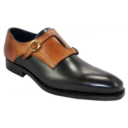 Duca Di Matiste 0203 Black / Cognac Genuine Italian Calfskin Shoes With Monk Strap.